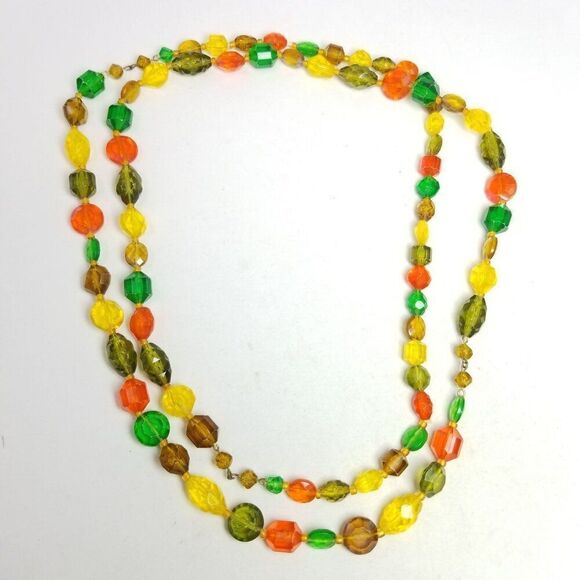 Vintage Long Beaded Single Strand Yellow Green Orange Plastic Necklace, 60s 70s - Picture 3 of 6